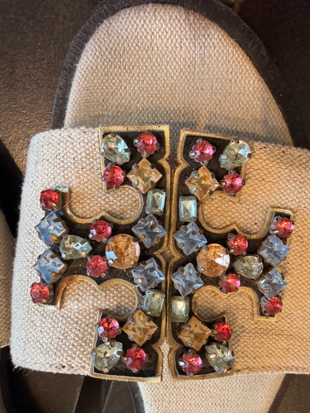 Tory Burch Beige Jeweled Slide Sandals - Picture 2 of 6